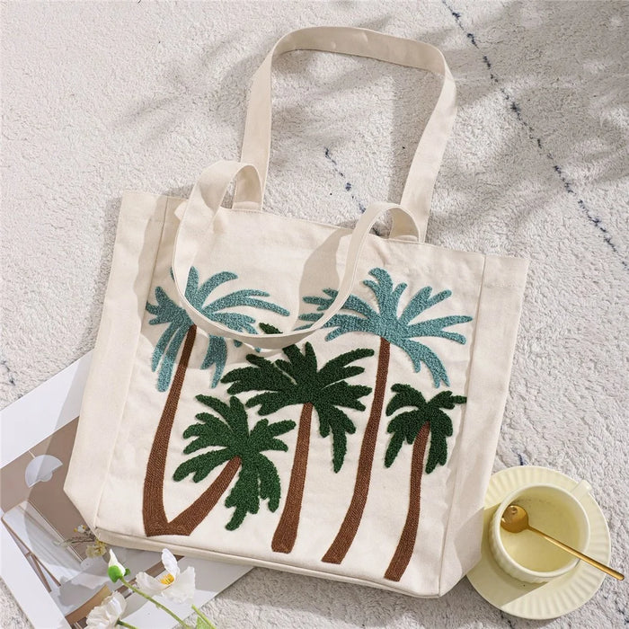 Summer Ocean Canvas Bag Embroidered Shoulder Tote Bag Tropical Beach Handbag - Coconut - 2