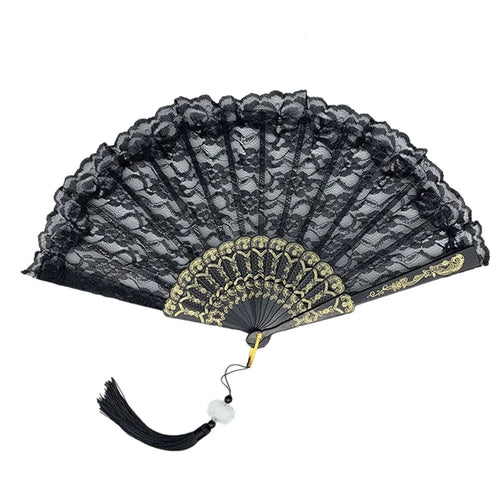 European Vintage Lace Folding Fan Women Dance Performance Photography Prop Decorative Hand Fan with Tassel - Black - 1