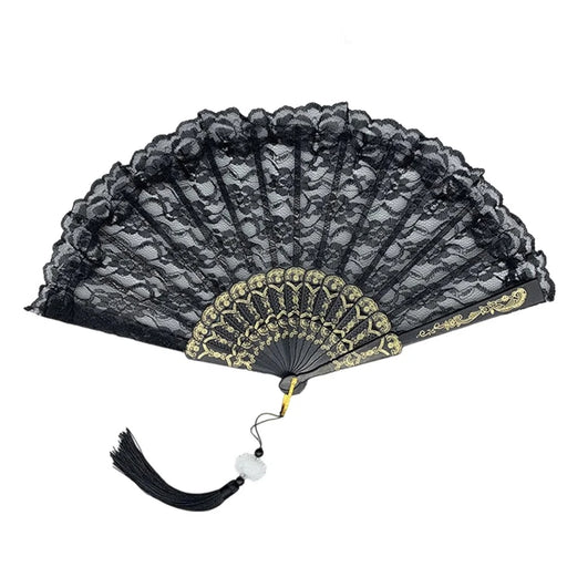 European Vintage Lace Folding Fan Women Dance Performance Photography Prop Decorative Hand Fan with Tassel - Black - 1