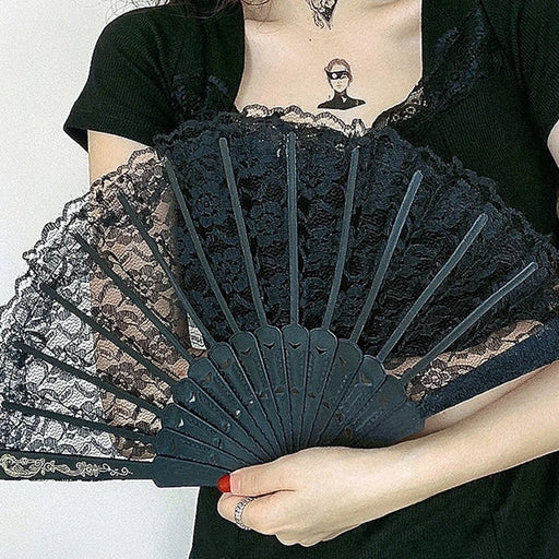 European Vintage Lace Folding Fan Women Dance Performance Photography Prop Decorative Hand Fan with Tassel - Black - 2
