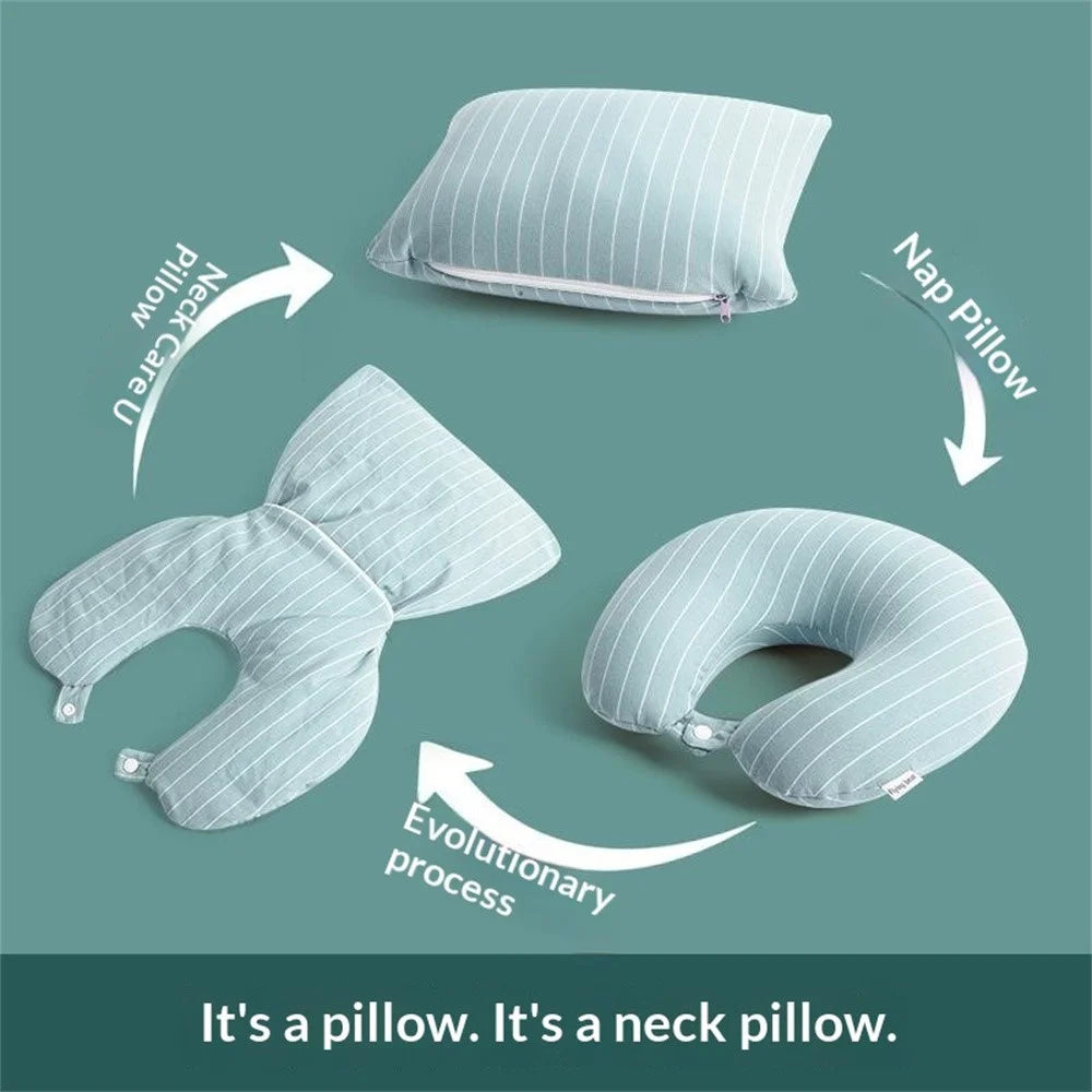 2 in 1 Deformable U Shape Neck Pillow for Office Nap Travel Transformable Portable Pillow Striped Design - Light Green - 3
