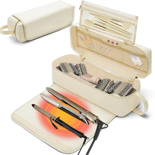 Hair Styling Tool Storage Bag Carrying Case Straightener Curling Iron Organizer with Heat Resistant Mat - Beige - 1