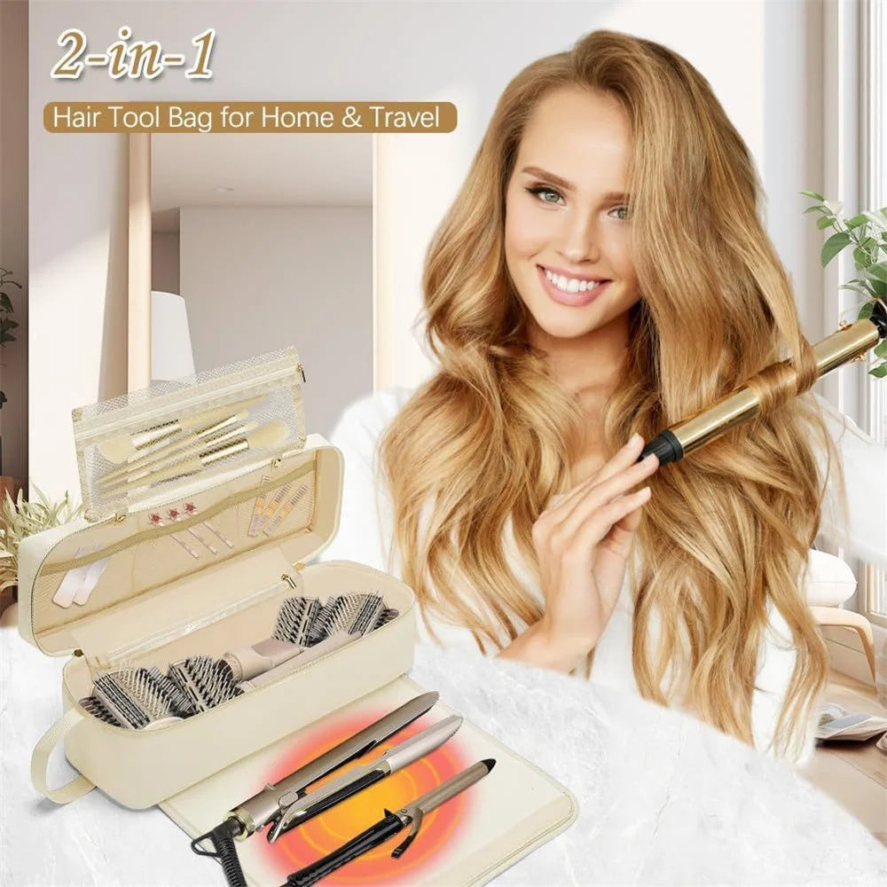Hair Styling Tool Storage Bag Carrying Case Straightener Curling Iron Organizer with Heat Resistant Mat - Beige - 2