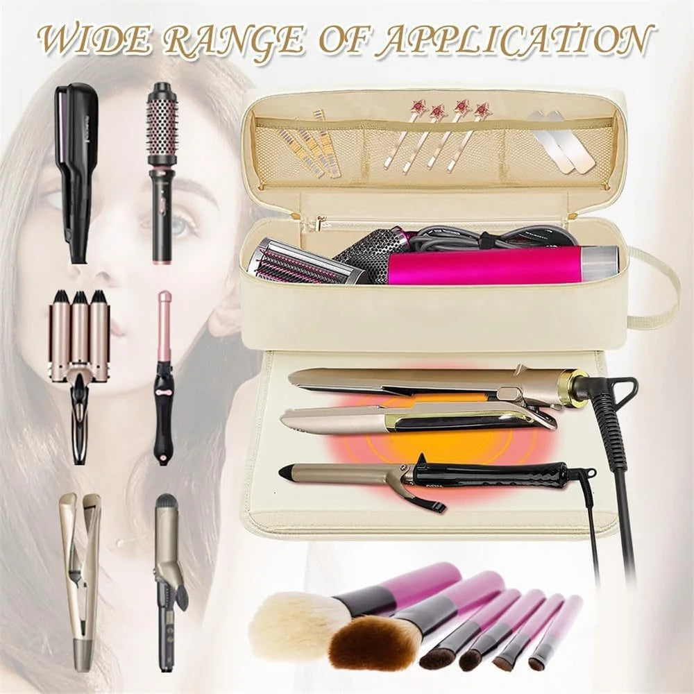 Hair Styling Tool Storage Bag Carrying Case Straightener Curling Iron Organizer with Heat Resistant Mat - Beige - 3