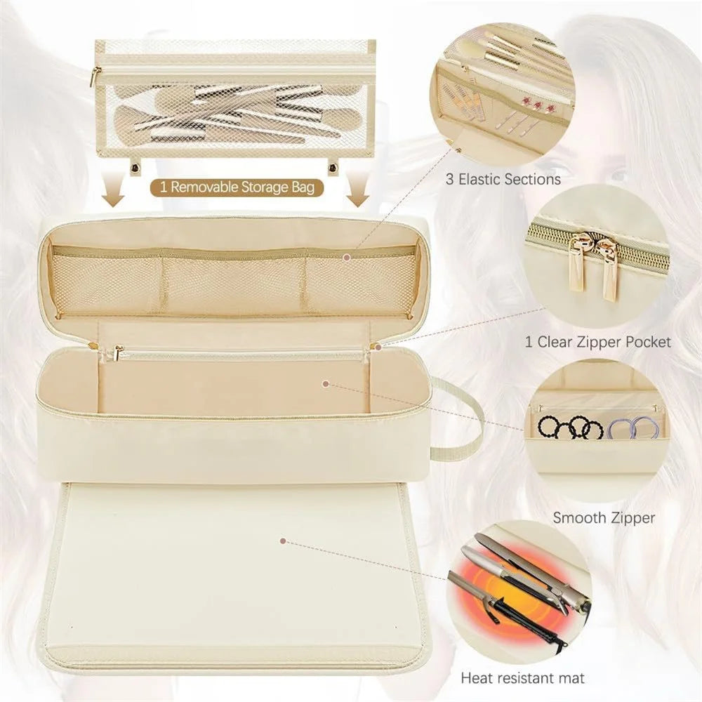 Hair Styling Tool Storage Bag Carrying Case Straightener Curling Iron Organizer with Heat Resistant Mat - Beige - 5