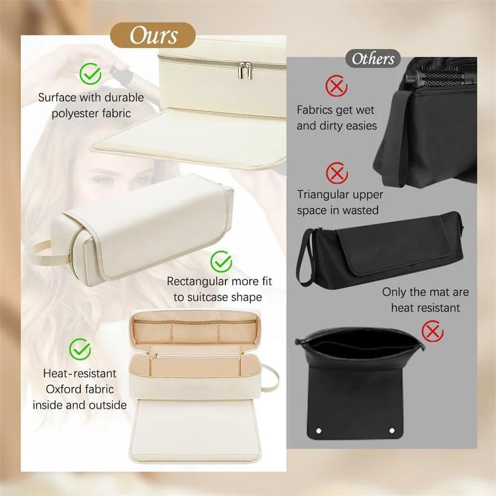 Hair Styling Tool Storage Bag Carrying Case Straightener Curling Iron Organizer with Heat Resistant Mat - Beige - 6