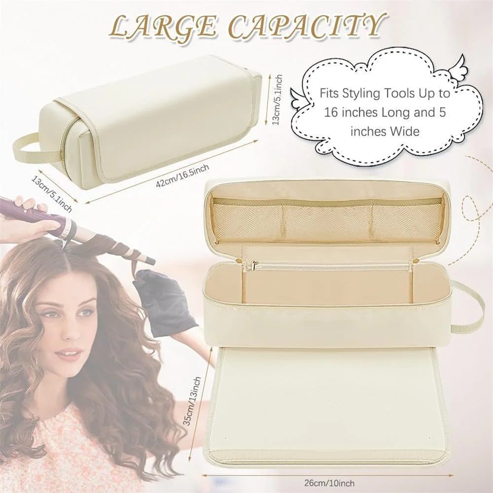 Hair Styling Tool Storage Bag Carrying Case Straightener Curling Iron Organizer with Heat Resistant Mat - Beige - 7