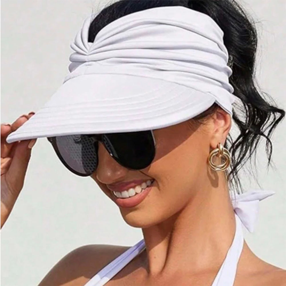 Women Summer Sun Visor Hat Beach Outdoor Sports UV Protection Wide Brim Ponytail Cap - White - 2