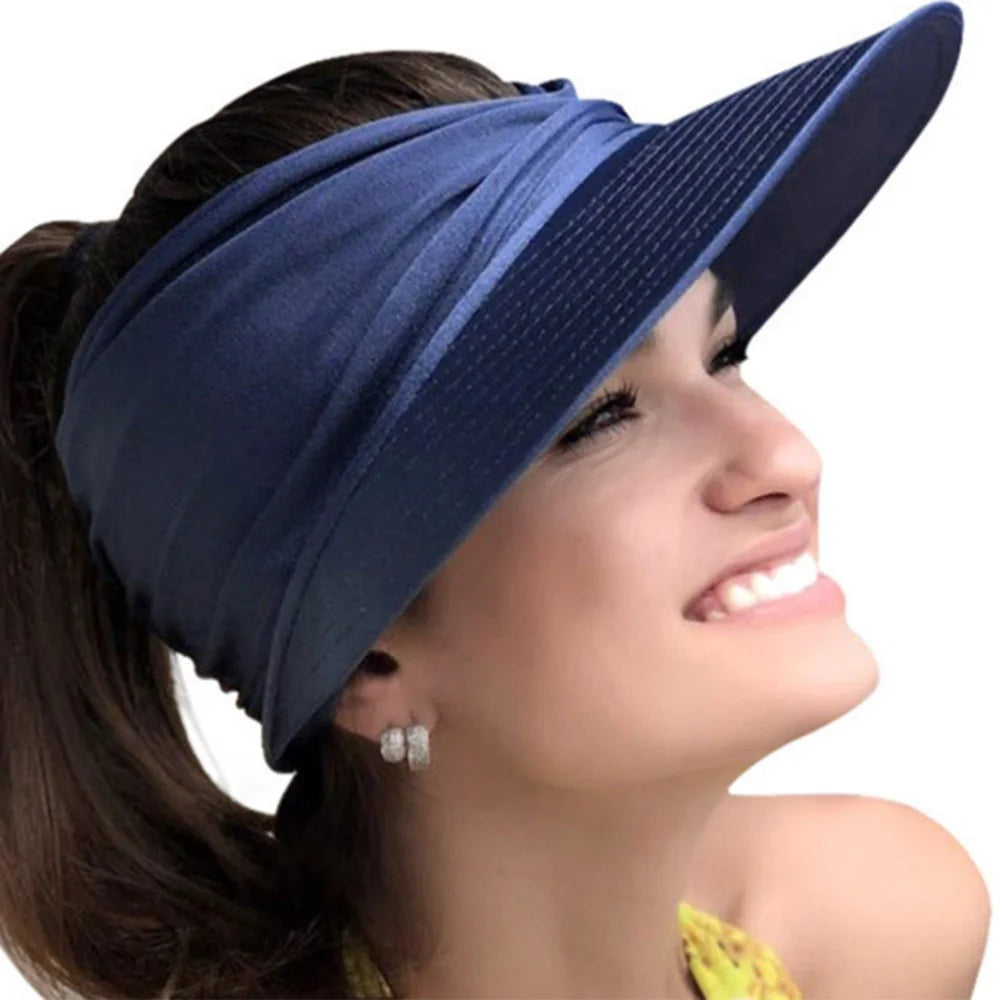 Women Summer Sun Visor Hat Beach Outdoor Sports UV Protection Wide Brim Ponytail Cap - White - 3