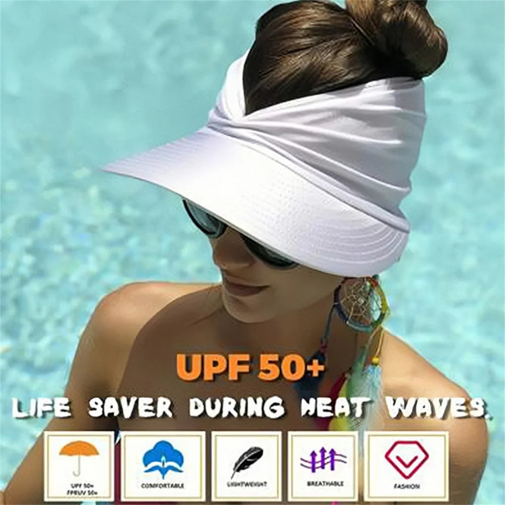 Women Summer Sun Visor Hat Beach Outdoor Sports UV Protection Wide Brim Ponytail Cap - White - 4