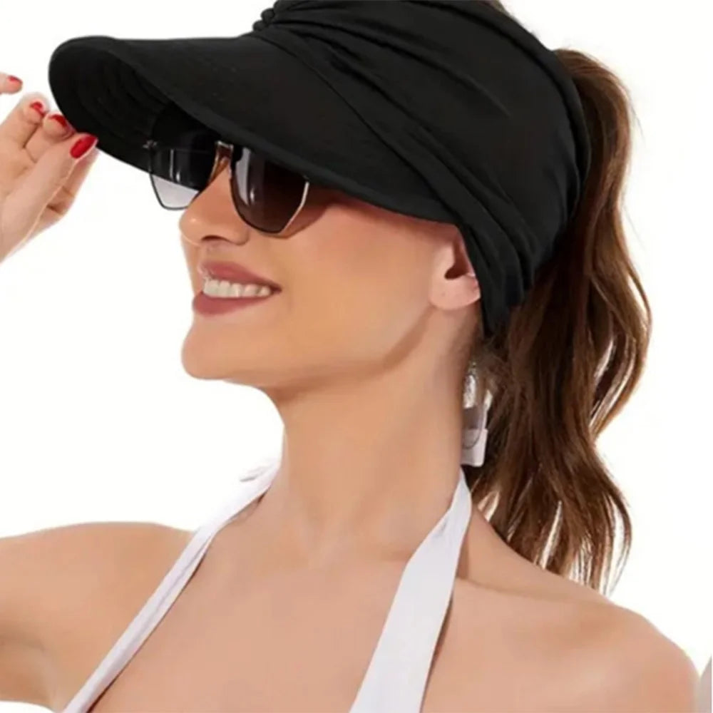 Women Summer Sun Visor Hat Beach Outdoor Sports UV Protection Wide Brim Ponytail Cap - White - 5