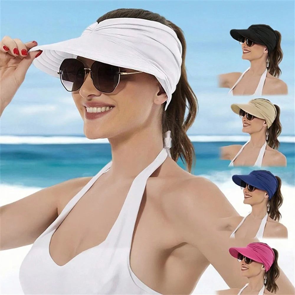 Women Summer Sun Visor Hat Beach Outdoor Sports UV Protection Wide Brim Ponytail Cap - White - 7
