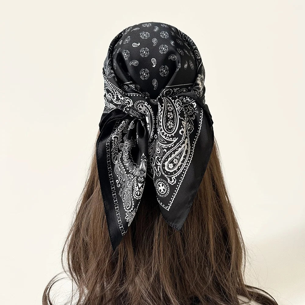Women Summer Paisley Print Silk Scarf Multi-Purpose Square Scarf Lightweight Breathable Head Wrap - L7386  /  Black - 1