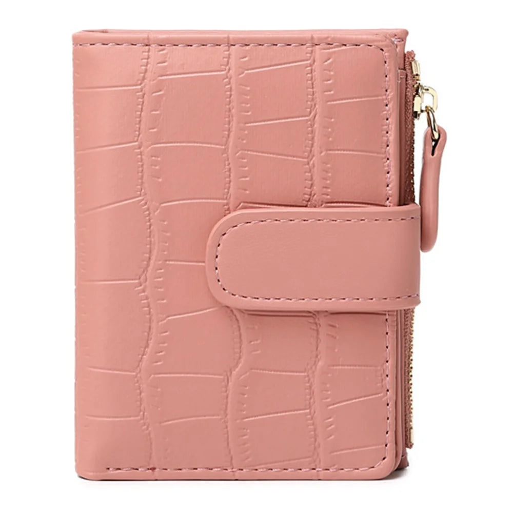Women Mini Wallet Textured PU Leather Card Holder Coin Purse with Photo Slot Zipper Pocket - Pink - 1