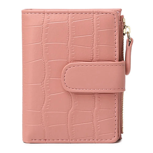 Women Mini Wallet Textured PU Leather Card Holder Coin Purse with Photo Slot Zipper Pocket - Pink - 1