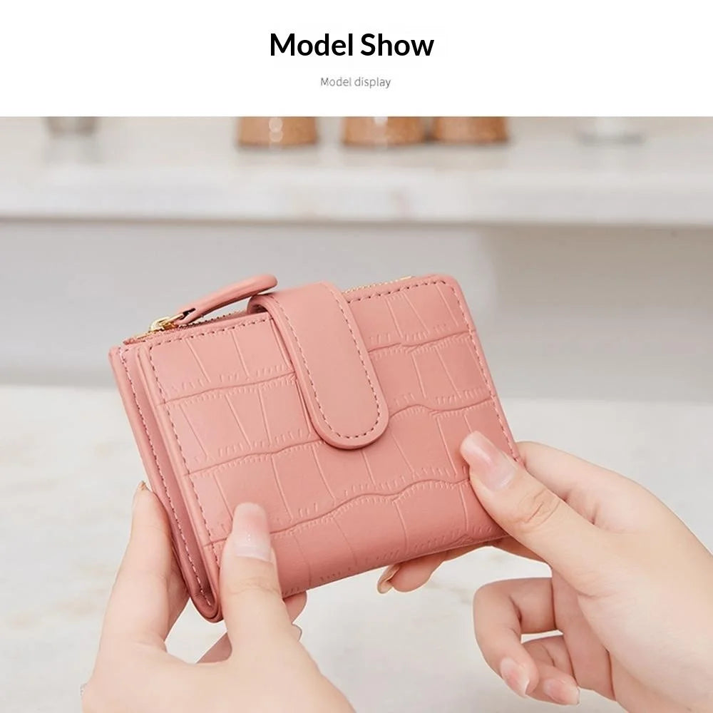 Women Mini Wallet Textured PU Leather Card Holder Coin Purse with Photo Slot Zipper Pocket - Pink - 2
