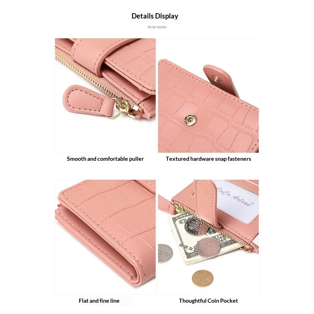 Women Mini Wallet Textured PU Leather Card Holder Coin Purse with Photo Slot Zipper Pocket - Pink - 3