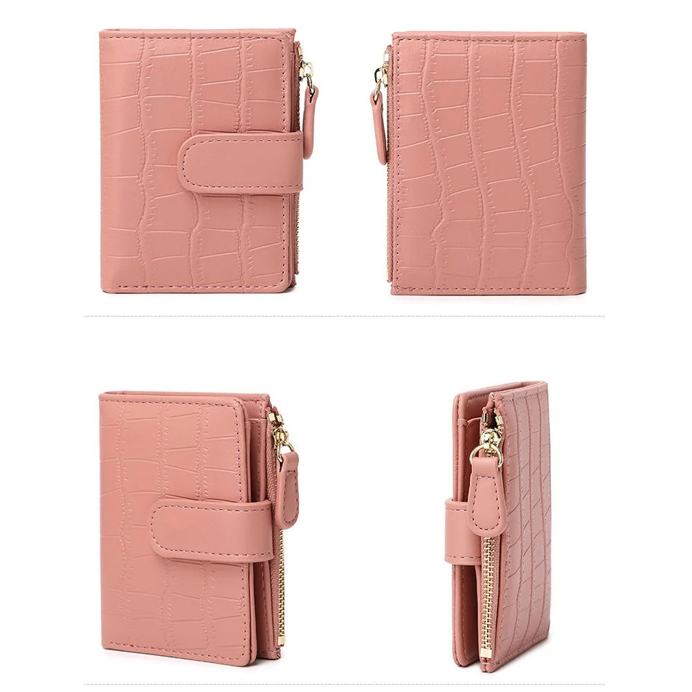 Women Mini Wallet Textured PU Leather Card Holder Coin Purse with Photo Slot Zipper Pocket - Pink - 4
