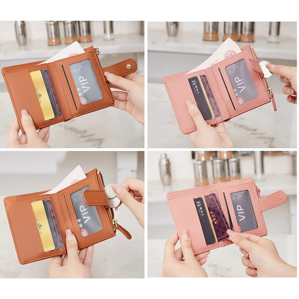 Women Mini Wallet Textured PU Leather Card Holder Coin Purse with Photo Slot Zipper Pocket - Pink - 5