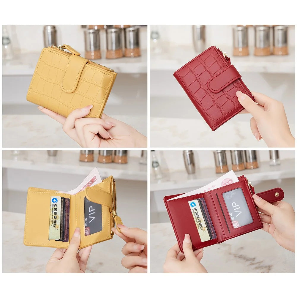 Women Mini Wallet Textured PU Leather Card Holder Coin Purse with Photo Slot Zipper Pocket - Pink - 6