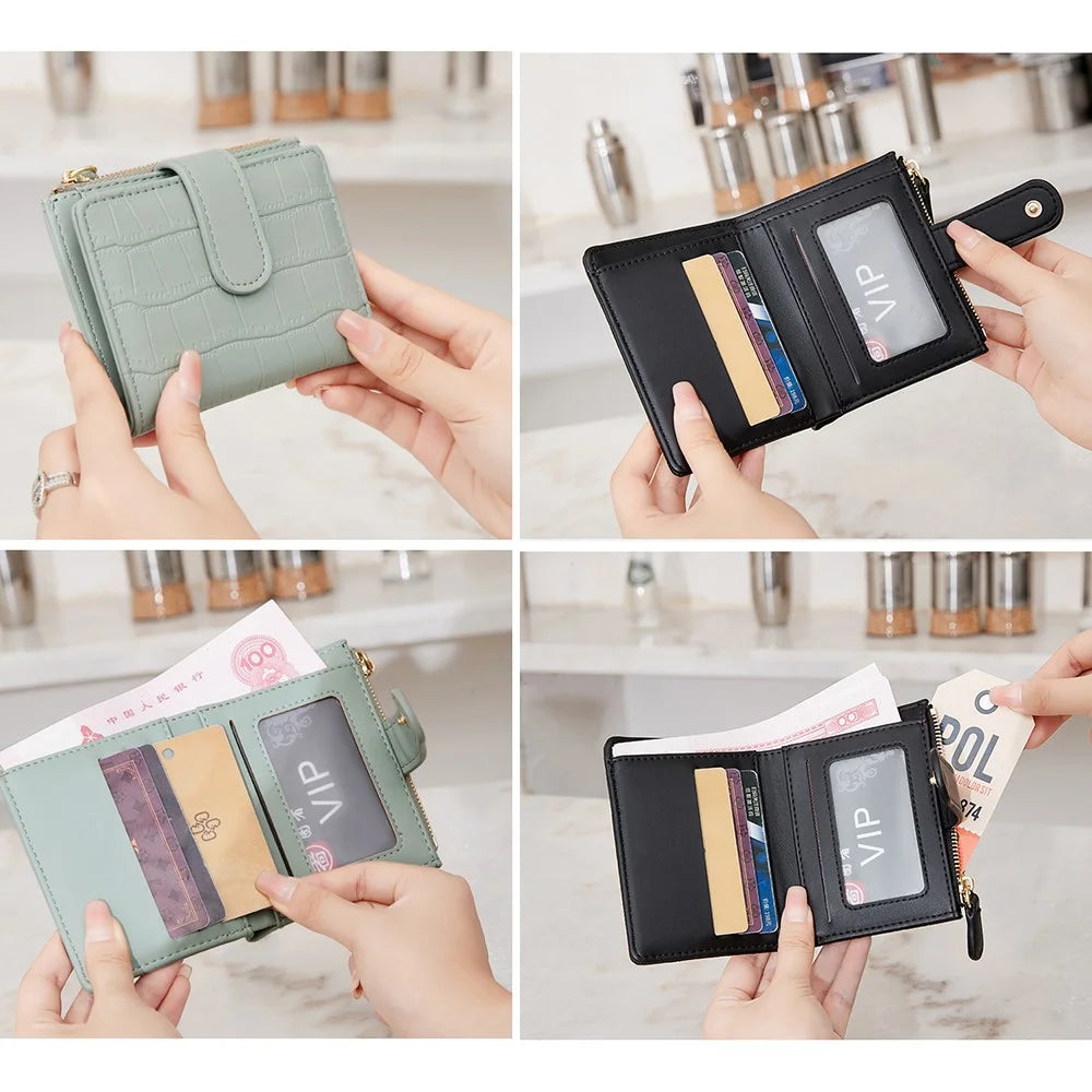 Women Mini Wallet Textured PU Leather Card Holder Coin Purse with Photo Slot Zipper Pocket - Pink - 7