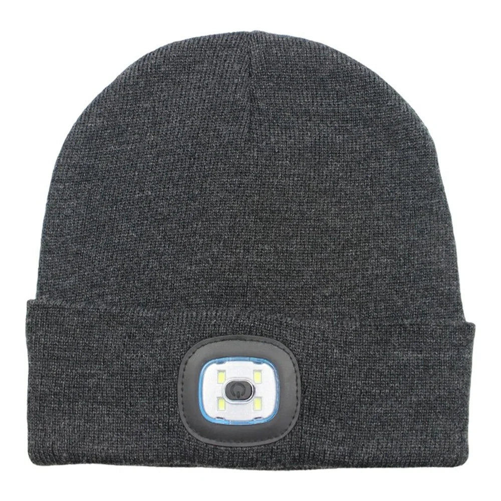 Detachable 4 LEDs Light Knit Beanie Hat Rechargeable Fleece Lined Warm Folded Brim Cap For Outdoor Use - Dark Grey - 1
