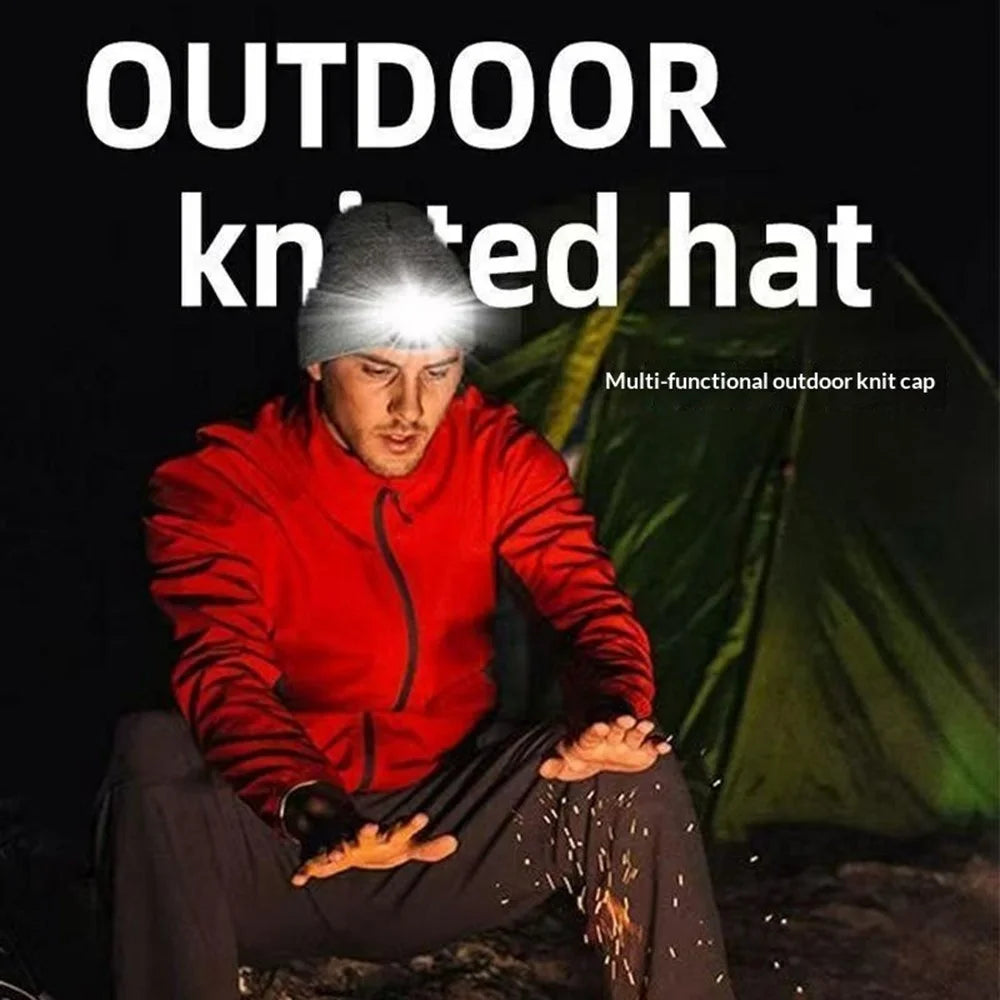 Detachable 4 LEDs Light Knit Beanie Hat Rechargeable Fleece Lined Warm Folded Brim Cap For Outdoor Use - Dark Grey - 3
