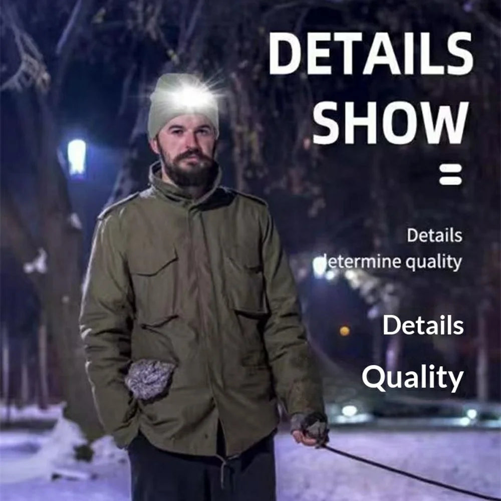 Detachable 4 LEDs Light Knit Beanie Hat Rechargeable Fleece Lined Warm Folded Brim Cap For Outdoor Use - Dark Grey - 4