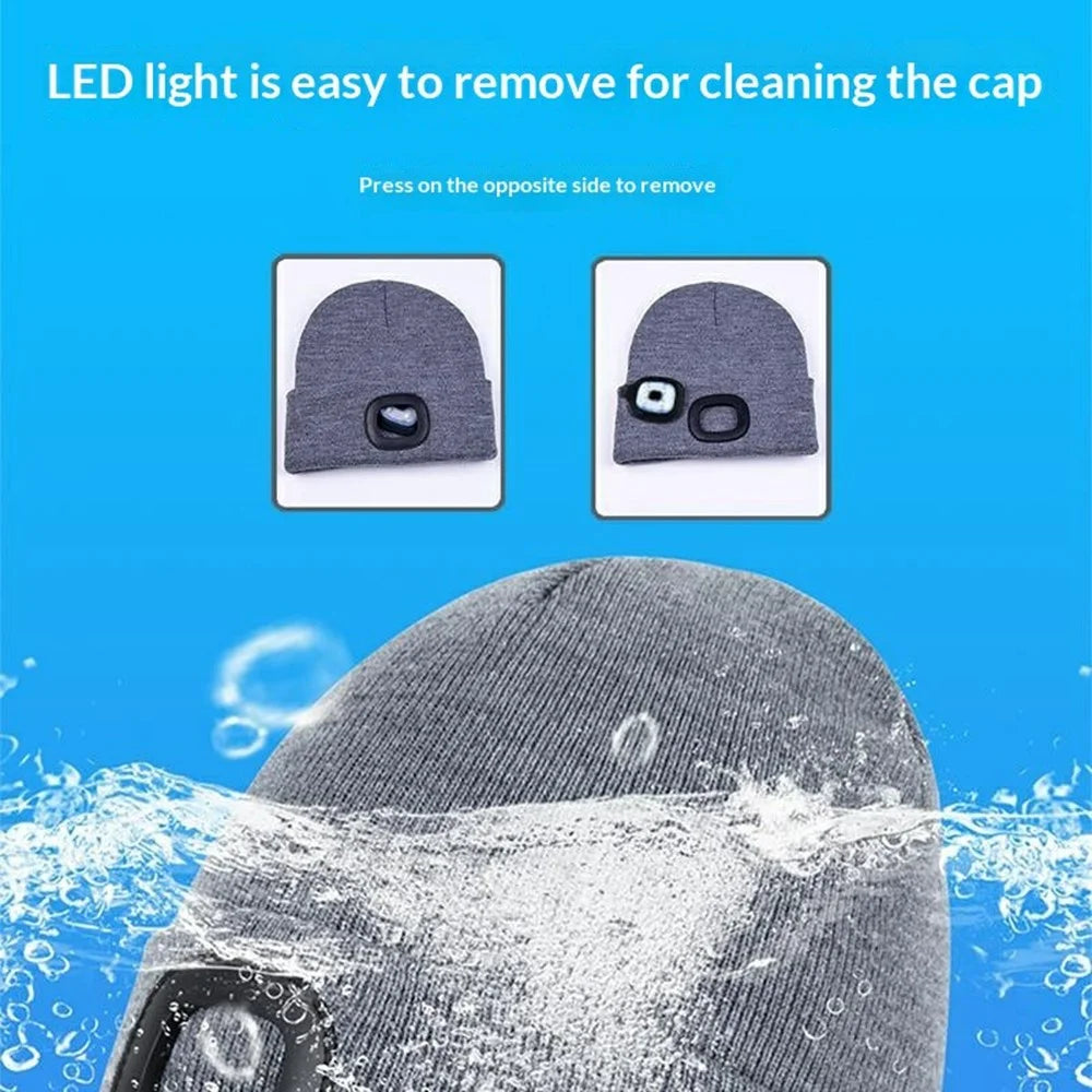 Detachable 4 LEDs Light Knit Beanie Hat Rechargeable Fleece Lined Warm Folded Brim Cap For Outdoor Use - Dark Grey - 5