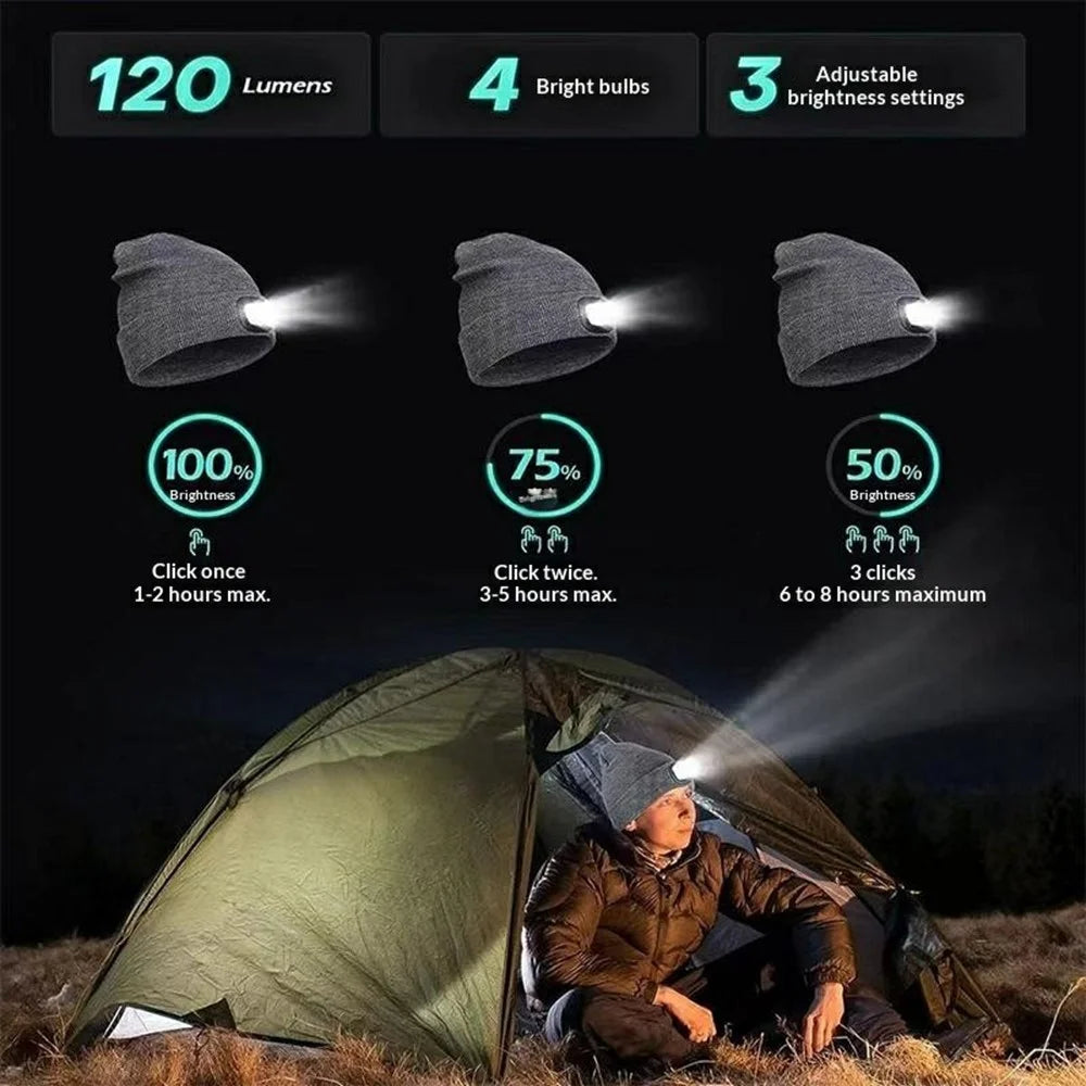 Detachable 4 LEDs Light Knit Beanie Hat Rechargeable Fleece Lined Warm Folded Brim Cap For Outdoor Use - Dark Grey - 6