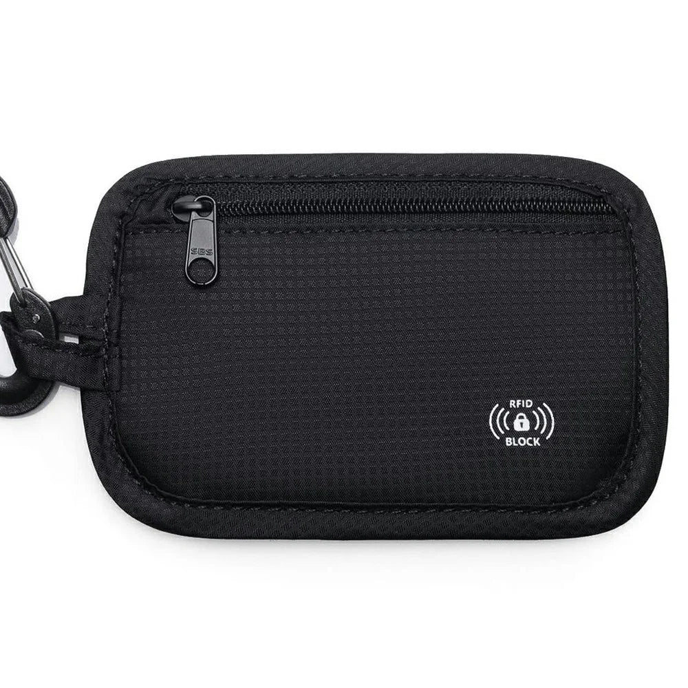 RFID Blocking Coin Purse Bag Travel Passport Holder Waterproof Security Money Belt Pouch with Carabiner Clip - Black - 1