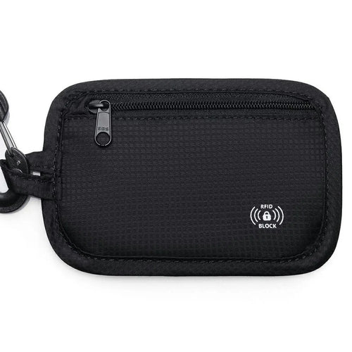 RFID Blocking Coin Purse Bag Travel Passport Holder Waterproof Security Money Belt Pouch with Carabiner Clip - Black - 1