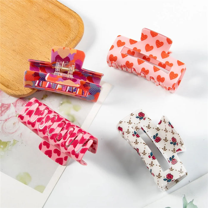 Rose Heart Hair Claw Clips Rectangular Hair Accessories Sweet Romance Floral Pattern Spring Grip - A20-4-15 - 3