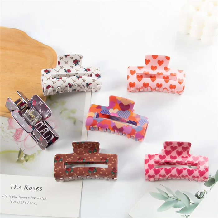 Rose Heart Hair Claw Clips Rectangular Hair Accessories Sweet Romance Floral Pattern Spring Grip - A20-4-15 - 4