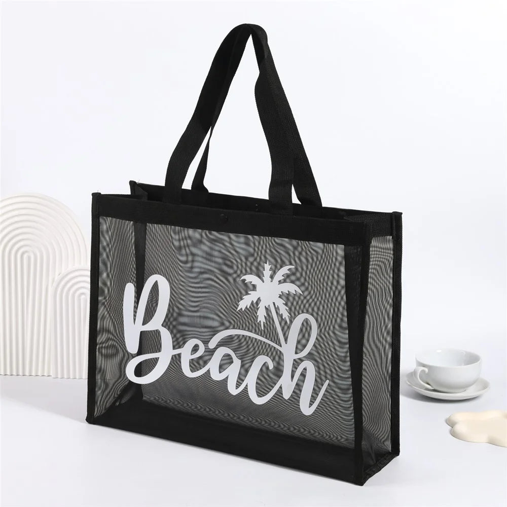 45 x 35 x 15cm Nylon Shopping Bag Mesh Beach Tote Bag Foldable Lightweight Storage Pouch - Black - 1