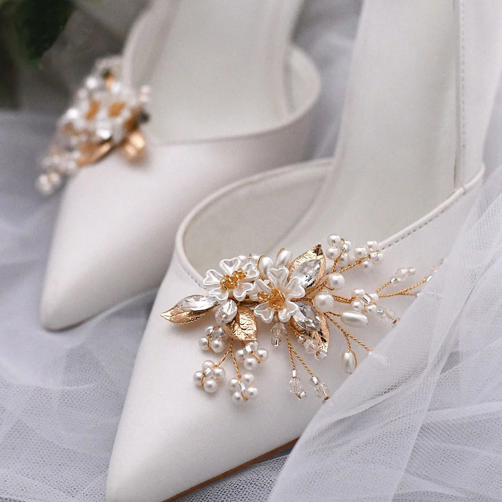 2PCS Bridal Shoe Clips Wedding Removable Flower Accessories DIY Pearl Rhinestones Decorative Clips - 2