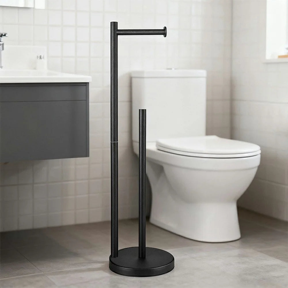 Stainless Steel Toilet Paper Holder Bathroom Floor Standing Suction Cup Toilet Stand - Black - 5