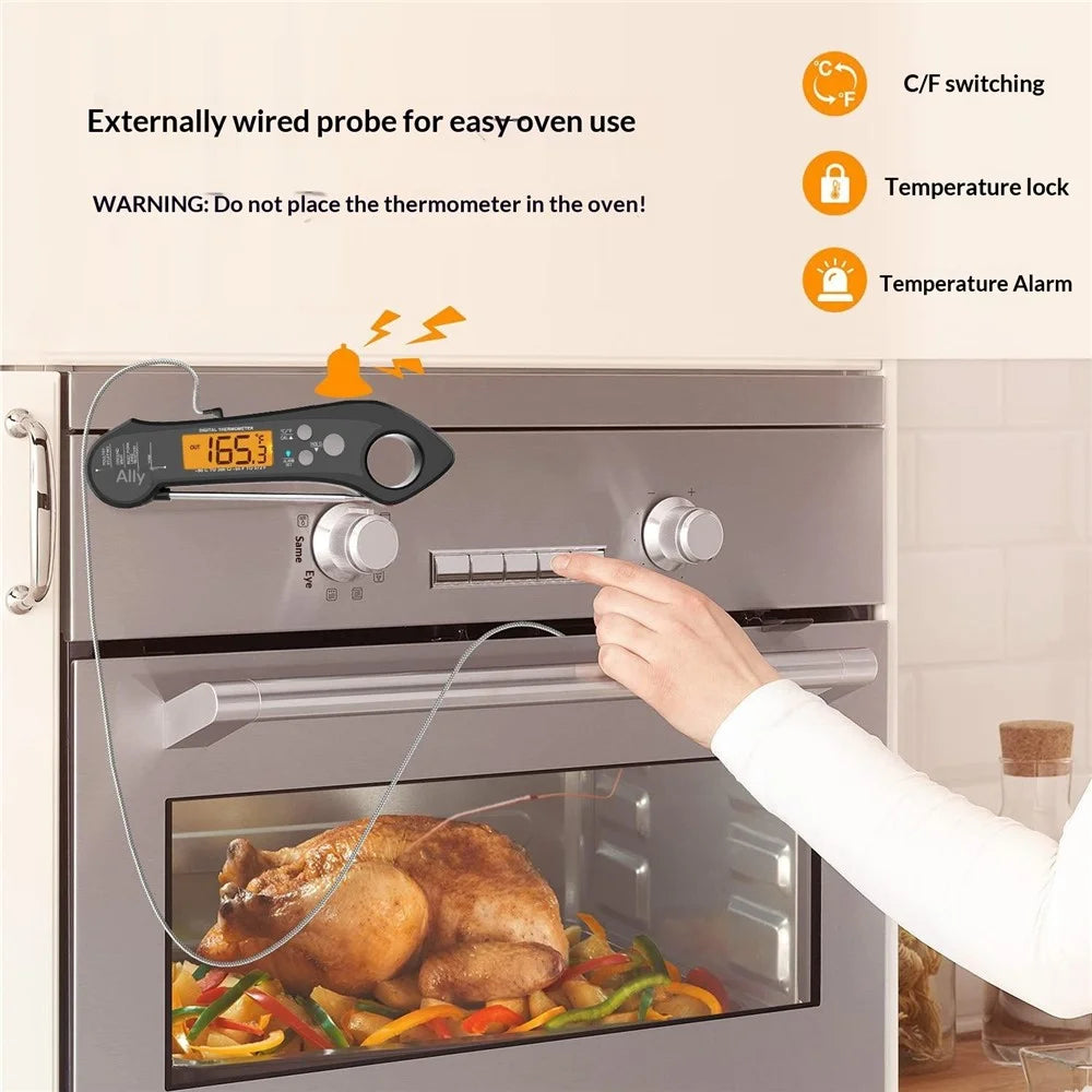Waterproof BBQ Thermometer Foldable Probe Electronic Kitchen Thermometer with 1m External Probe - Black - 2