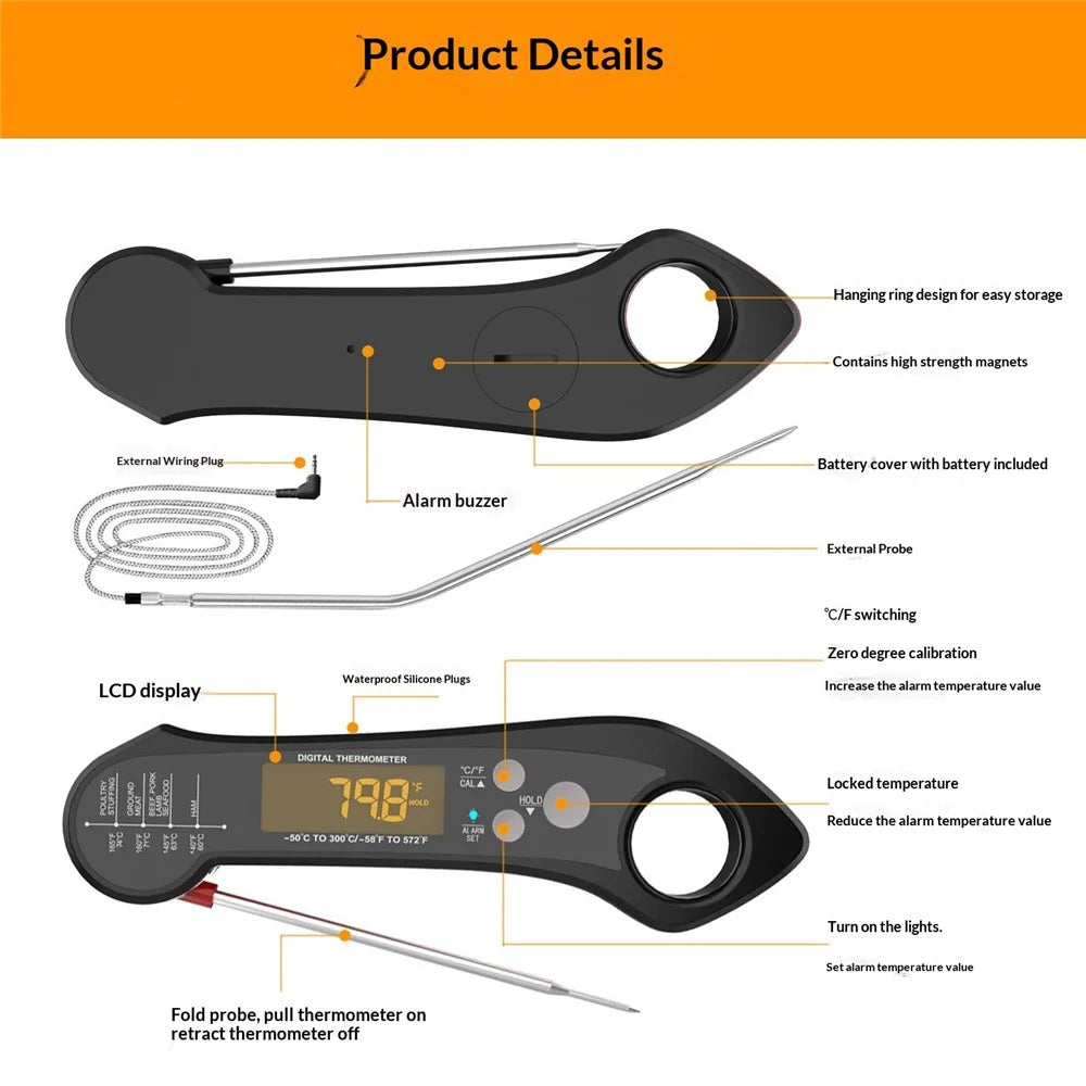 Waterproof BBQ Thermometer Foldable Probe Electronic Kitchen Thermometer with 1m External Probe - Black - 5