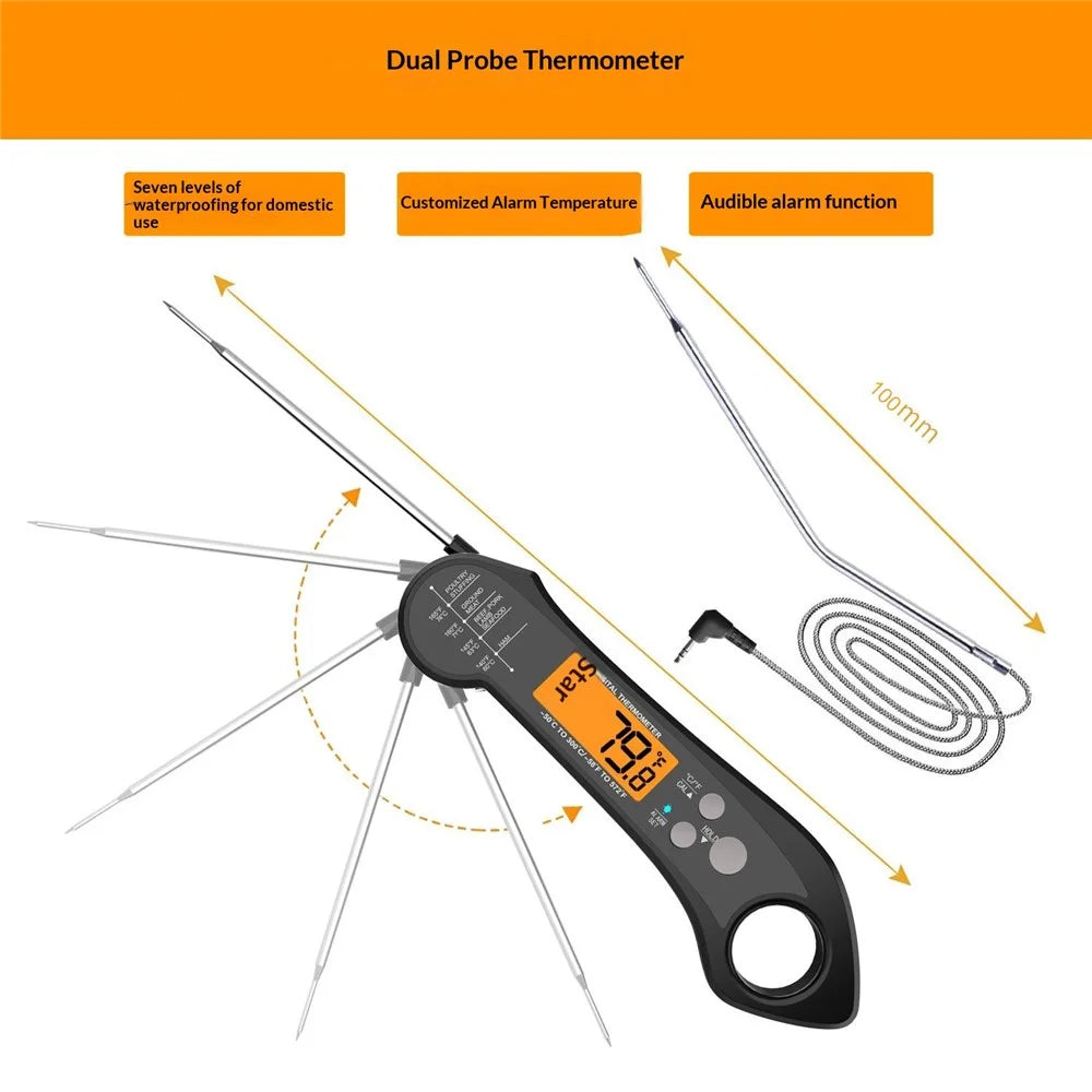 Waterproof BBQ Thermometer Foldable Probe Electronic Kitchen Thermometer with 1m External Probe - Black - 6