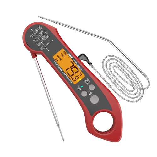 Kitchen Electronic Food Thermometer Foldable Probe Waterproof Thermometer with 1m External Probe - Red - 1