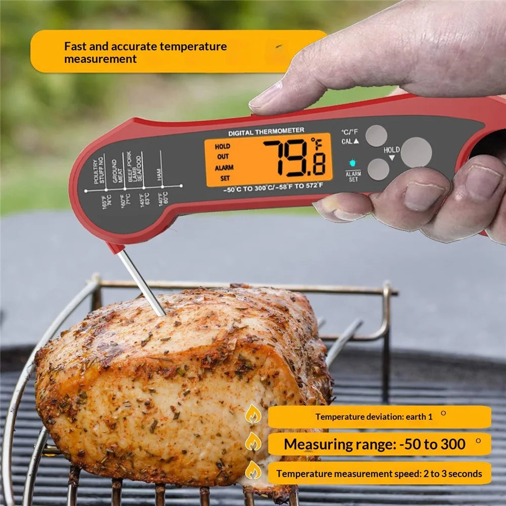 Kitchen Electronic Food Thermometer Foldable Probe Waterproof Thermometer with 1m External Probe - Red - 2