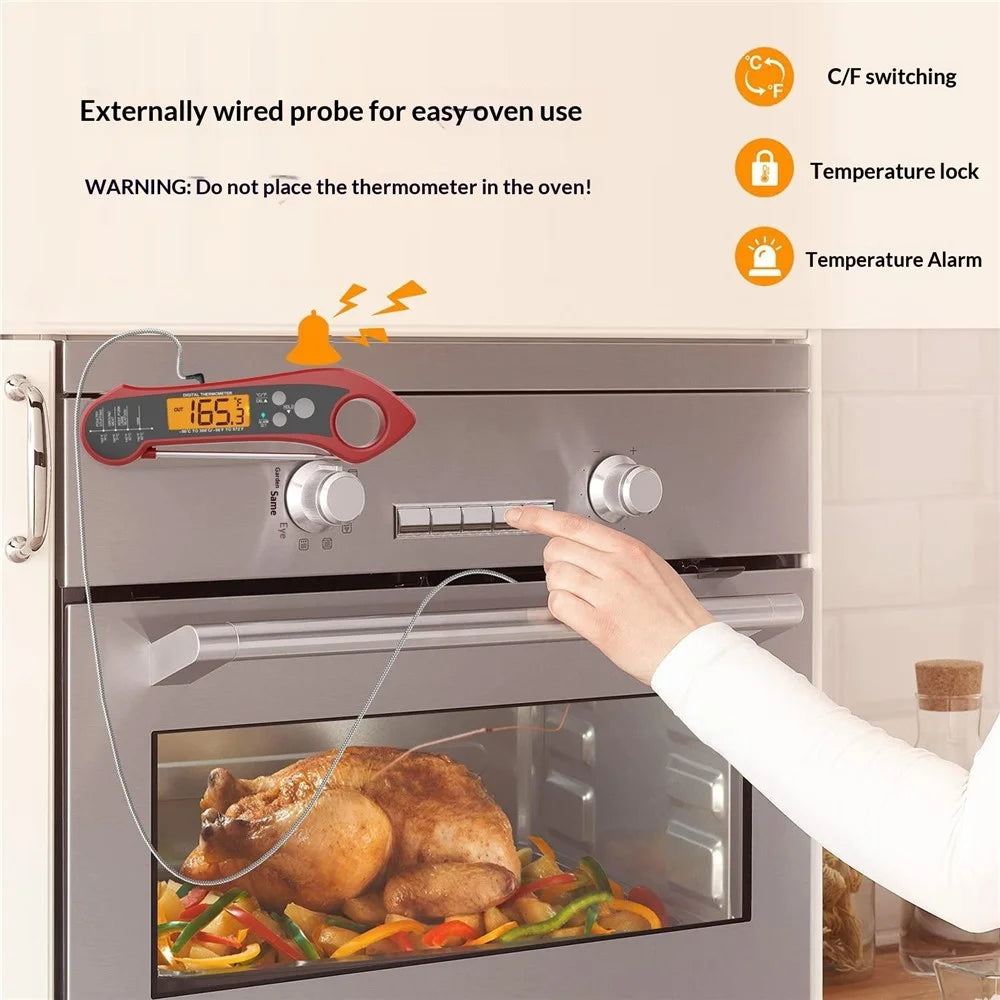 Kitchen Electronic Food Thermometer Foldable Probe Waterproof Thermometer with 1m External Probe - Red - 3