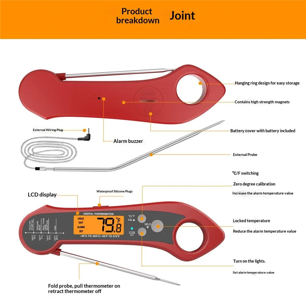 Kitchen Electronic Food Thermometer Foldable Probe Waterproof Thermometer with 1m External Probe - Red - 5