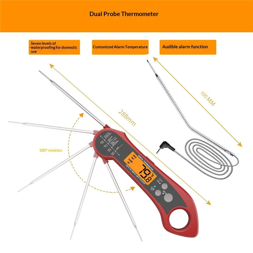 Kitchen Electronic Food Thermometer Foldable Probe Waterproof Thermometer with 1m External Probe - Red - 6