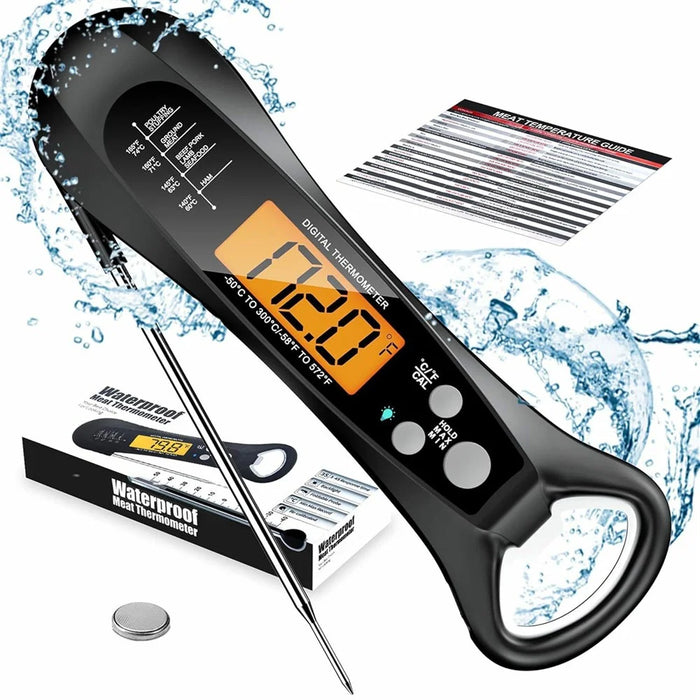 Kitchen Electronic Food Thermometer Foldable Probe Waterproof Digital Thermometer for BBQ Cooking - Black - 1