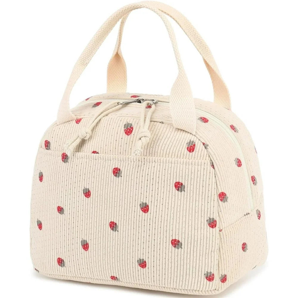 Corduroy Insulated Lunch Bag Large Capacity Thermal Food Storage Bag for Outdoor Picnic Camping - Beige / Strawberry - 1