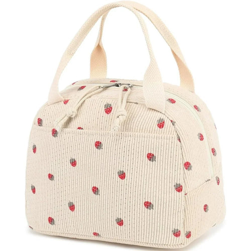 Corduroy Insulated Lunch Bag Large Capacity Thermal Food Storage Bag for Outdoor Picnic Camping - Beige / Strawberry - 1