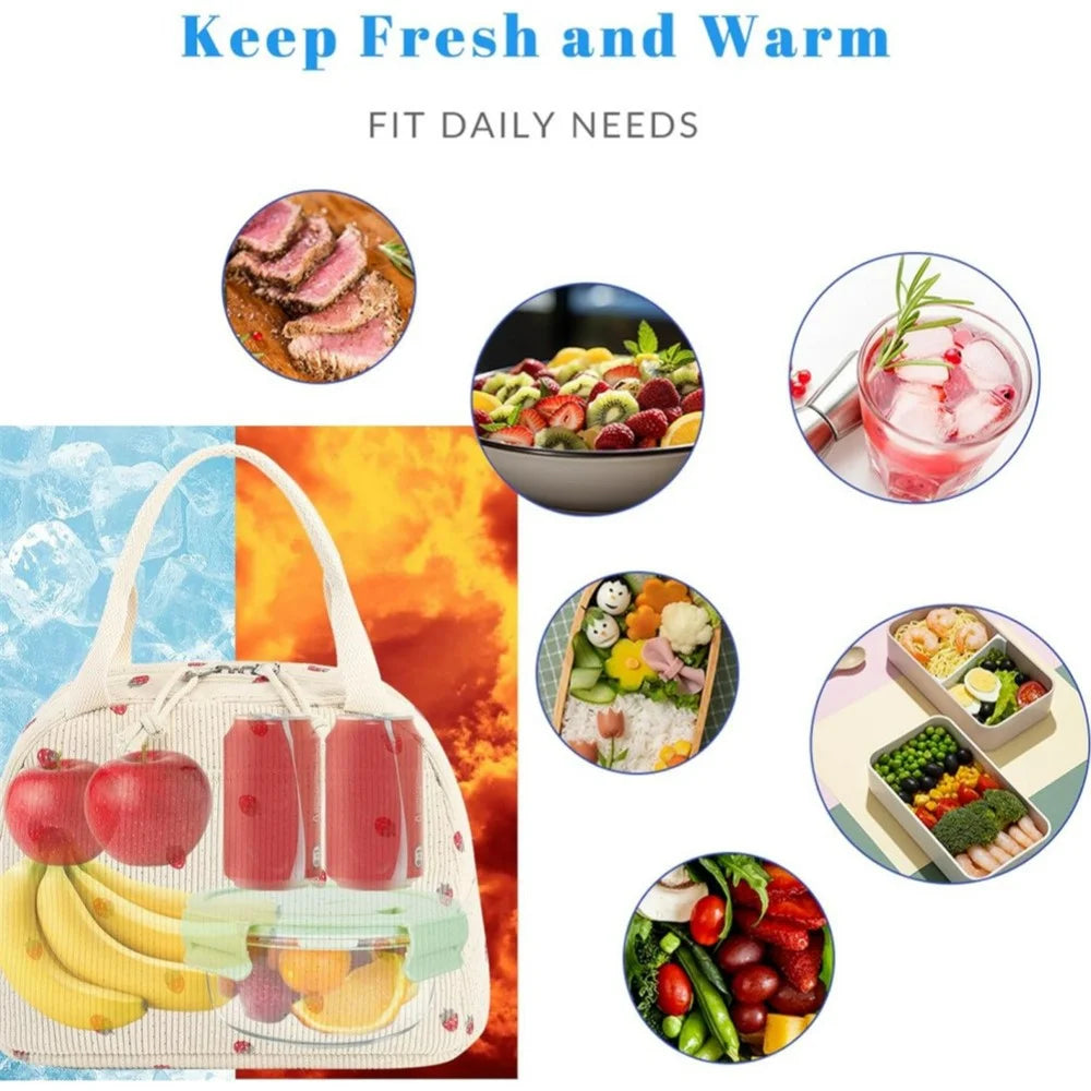 Corduroy Insulated Lunch Bag Large Capacity Thermal Food Storage Bag for Outdoor Picnic Camping - Beige / Strawberry - 2