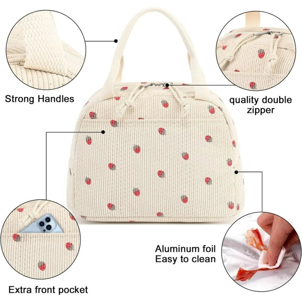Corduroy Insulated Lunch Bag Large Capacity Thermal Food Storage Bag for Outdoor Picnic Camping - Beige / Strawberry - 3